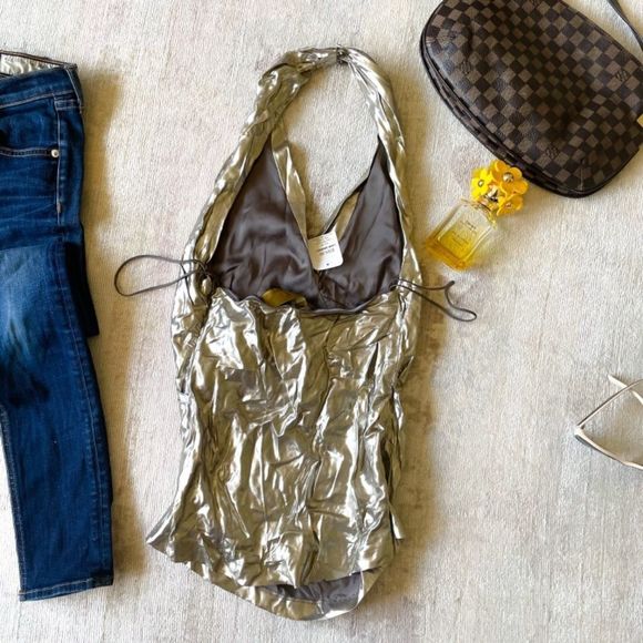 Nicole Miller God Label Slinky Gold Metallic Designer Halter Top NEW - Picture 5 of 14